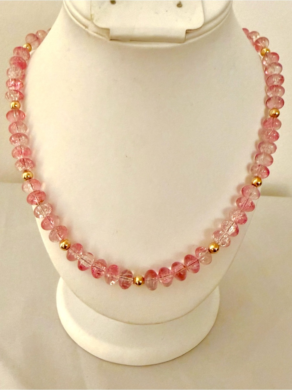 Strawberry Quartz Necklace Pink Gemstone Gold Tone S925 20" 57.9g